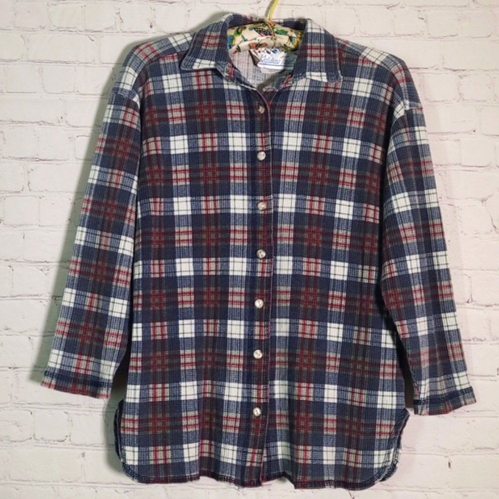 Vintage 80s Waffle Knit Blue Red Plaid Flannel Button Front Shirt Womens Small - Picture 6 of 16